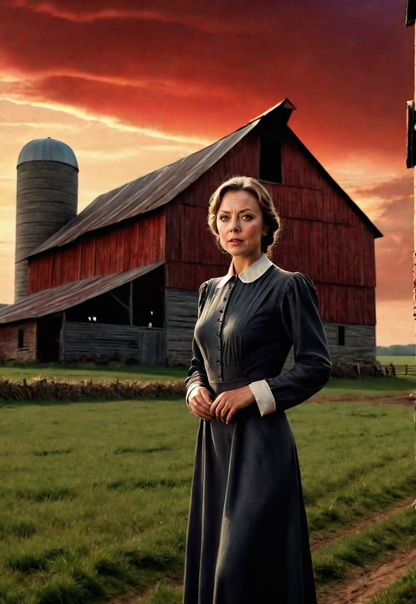 1930s,  a Jenny Agutter stands on a farm site with a creepy barn (in full view of the landscape),  (highly detailed HD) by...