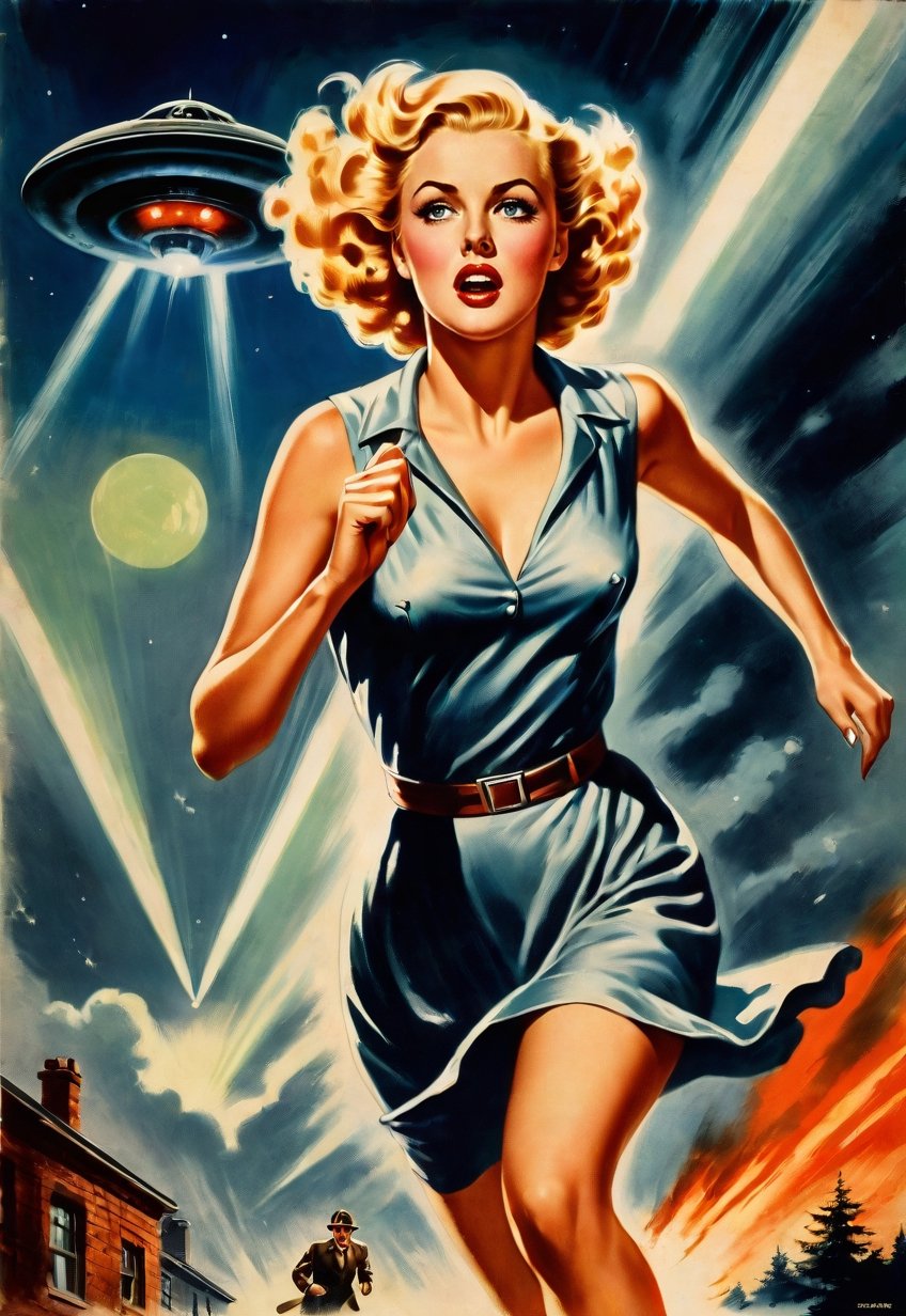 1930s,  30 year old beautiful blonde British woman running away from being chased by a UFO,  eyes and mouth wide open in f...