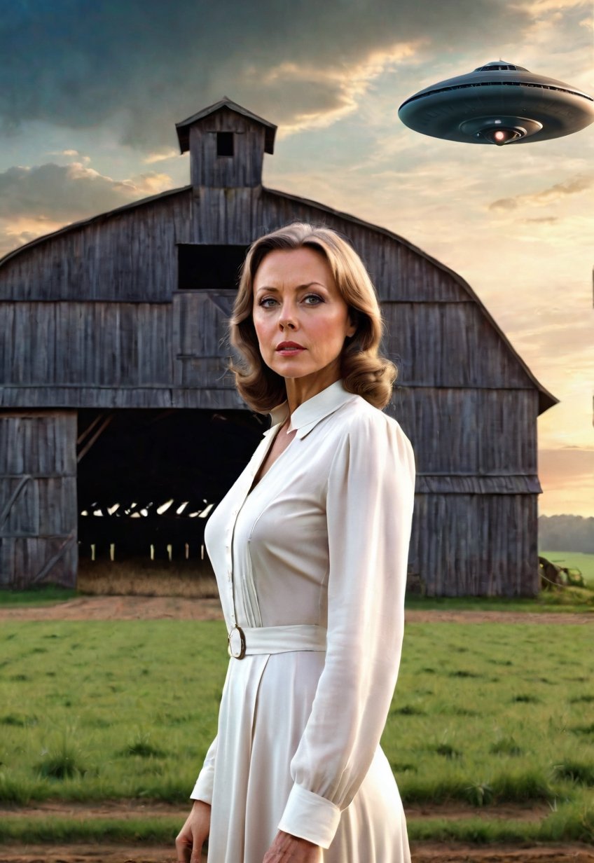 1930s,  a Jenny Agutter stands on a farm site with a creepy barn (in full view of the landscape),  (highly detailed HD) by...