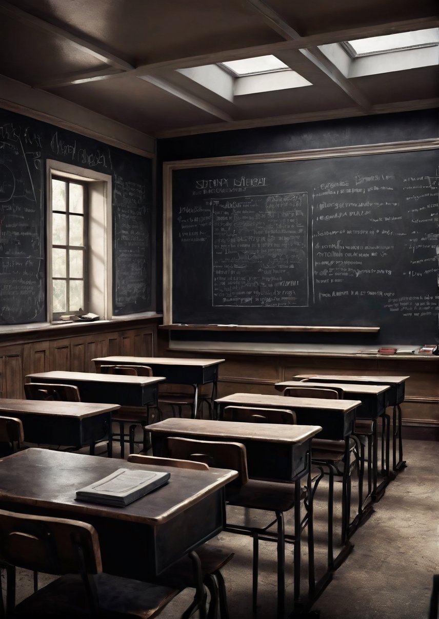 Landscape,  creepy high school classroom interior,  blackboard in front by Draqulore on Tensor.Art