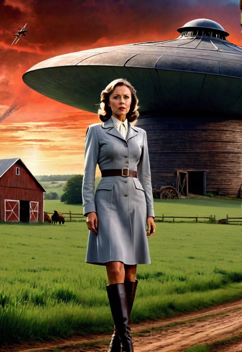 1930s,  a Jenny Agutter stands on a farm site with a creepy barn (in full view of the landscape),  (highly detailed HD) by...