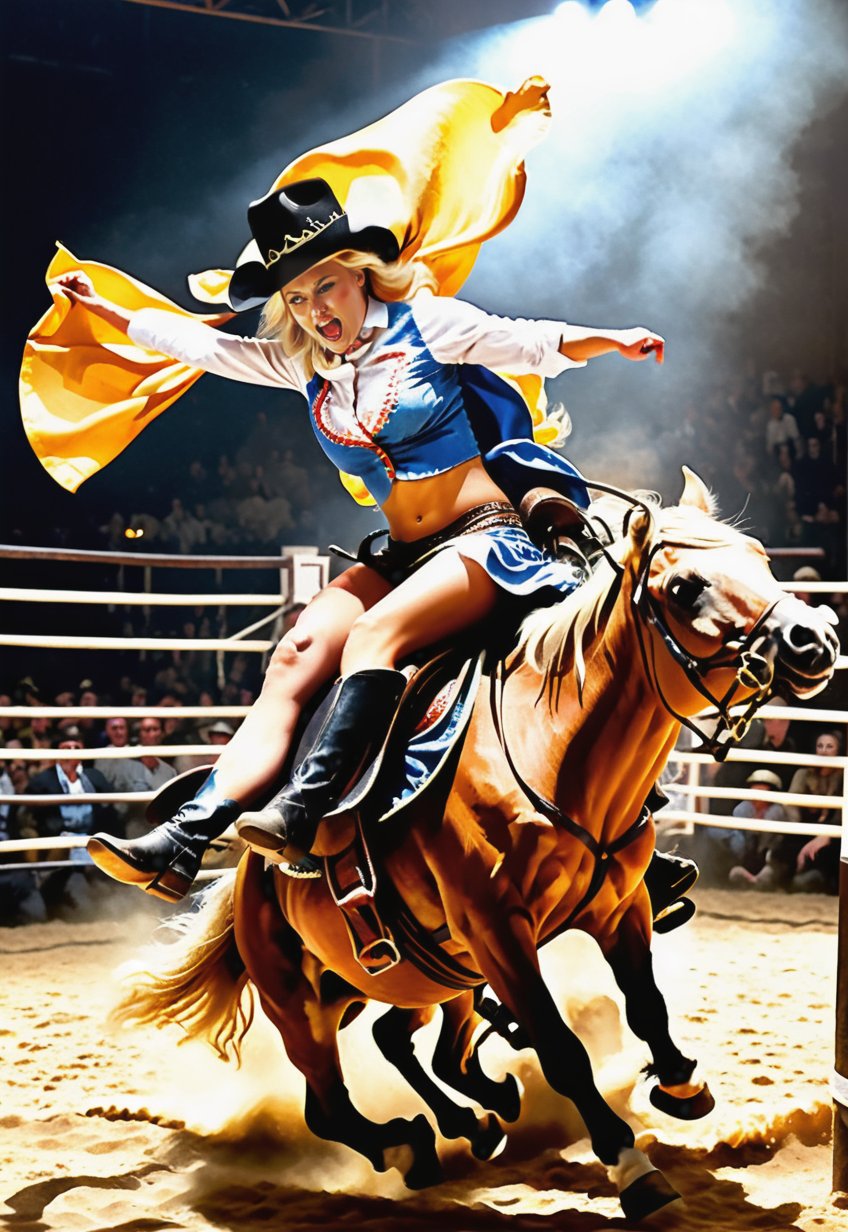 1930s, blonde Ukrainian woman rides a rodeo horse and makes a big fight, bare feet, dramatic angles and poses, perfect female anatomy, realistic and detailed, horror movie style, surreal, ranch large A masterpiece on stage,