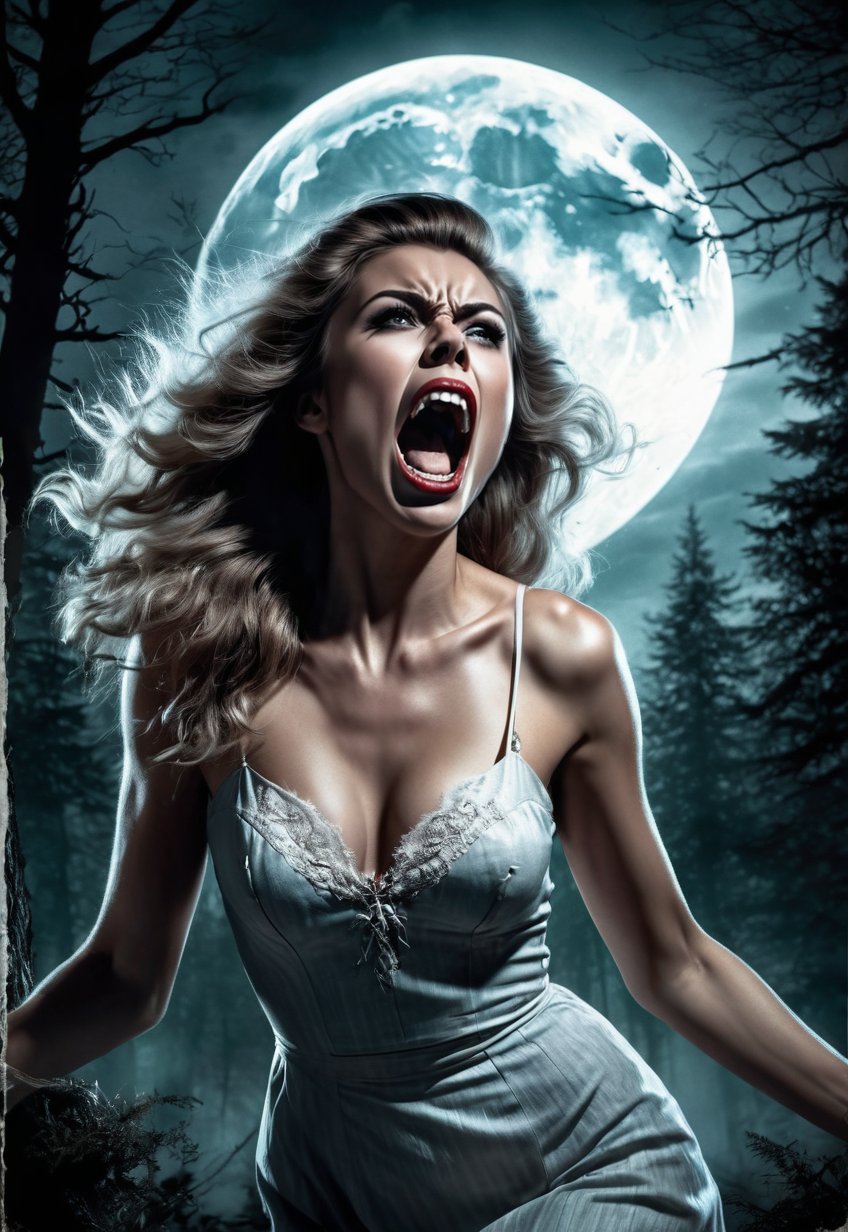 ugly werewolf touch and hold the body of a beautiful British woman,  she screams in fear,  dramatic angles and poses by Dr...