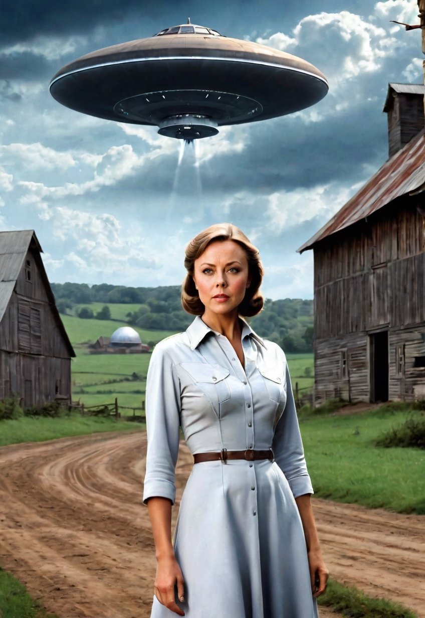 1930s,  a Jenny Agutter stands on a farm site with a creepy barn (in full view of the landscape),  (highly detailed HD) by...