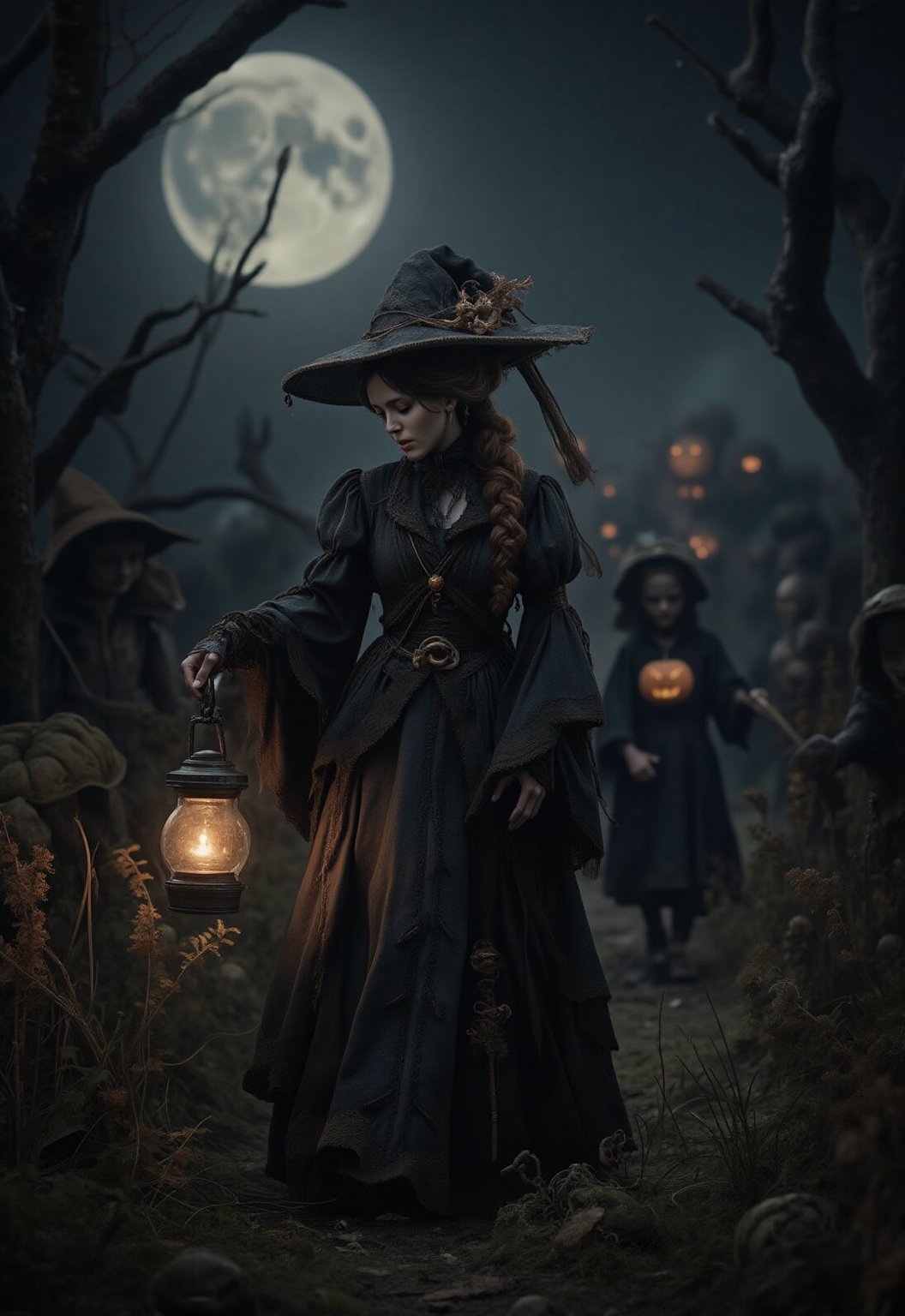 woman in elegant Halloween costume, walking through moonlit spooky meadow on Halloween night, hair in ponytail, spooky atmosphere, (((lantern in hand))), Halloween theme, candy hunt setting, devil children procession behind