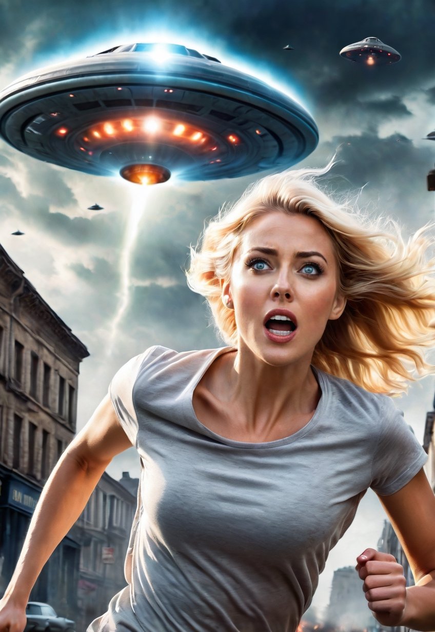 30 year old beautiful blonde British woman running away from being chased by a UFO,  eyes and mouth wide open in fear,  un...
