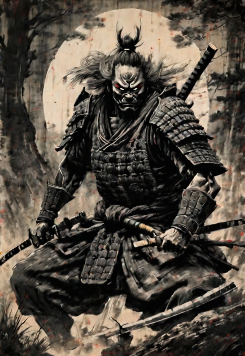 (Seven Japanese Samurai Gathered in the Wilderness), Excellent image quality, Exquisite details, Charcoal drawing, Charcoal, Popular Japanese action manga, Ink painting, Japanese plains, Holding a sword, Glowing eyes, Fierce heroism, Warriors