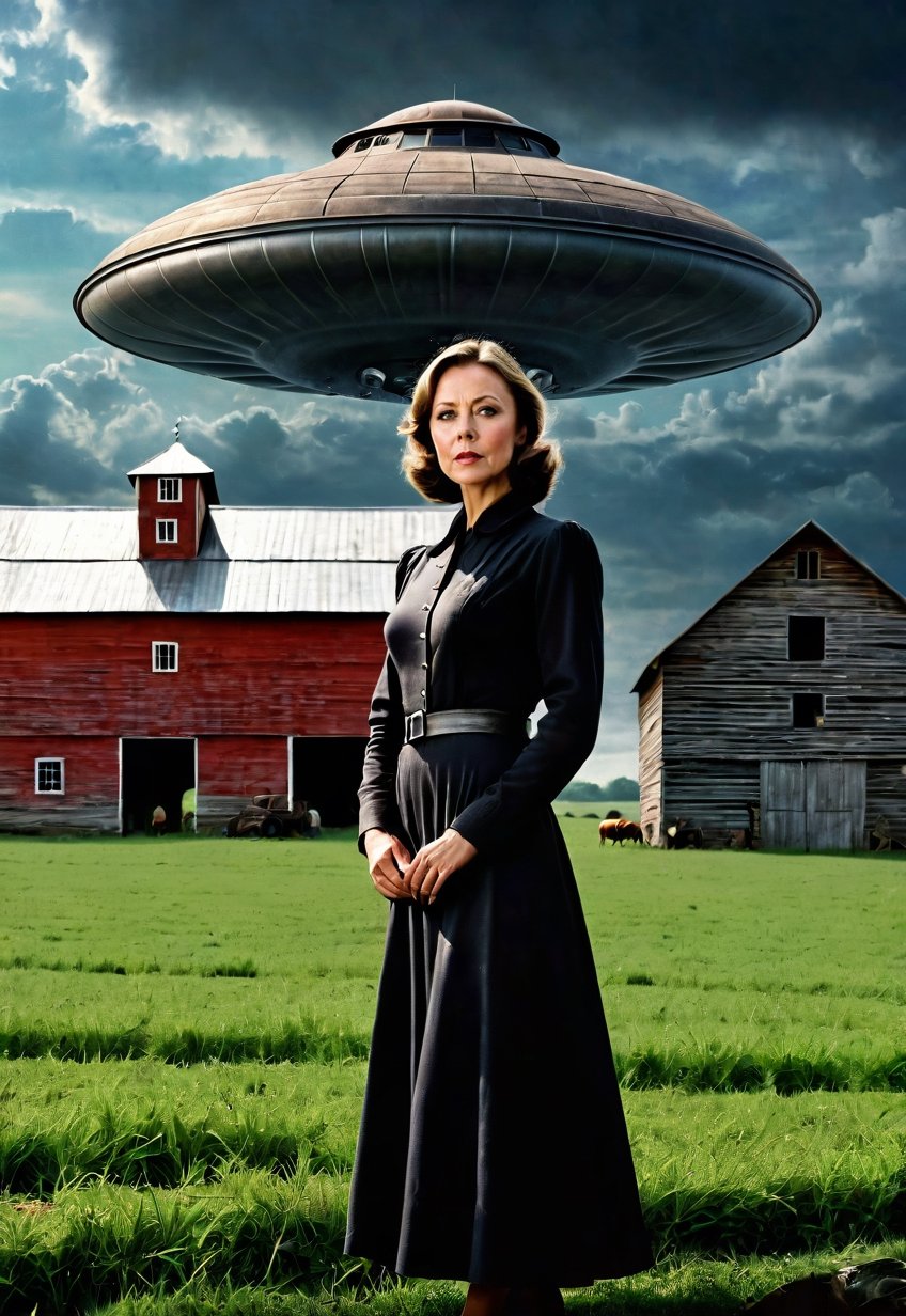 1930s,  a Jenny Agutter stands on a farm site with a creepy barn (in full view of the landscape),  (highly detailed HD) by...