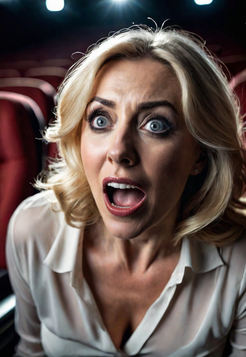 a 50 years old Beautiful blonde British woman sitting in a dimly lit cinema auditorium,  (open big wide eyes and mouth ver...