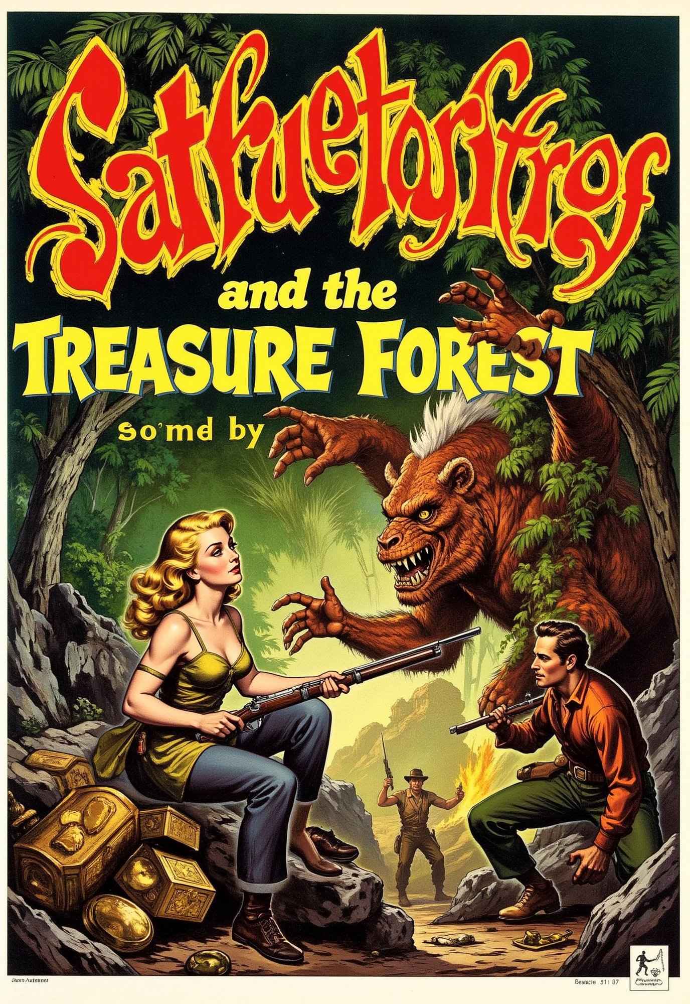  (modern adventure movie poster: 1.3), (big title, Beauty and the Treasure Forest, subtitles: 1.3), (Jean Adams: 1.3), (main image, a beautiful blonde explorer woman is exploring a hidden area of ​​the jungle. overlapping with a scene of a man fighting with a rifle against a giant monster that attacks her in a cave full of treasures: 1.2),illustrated