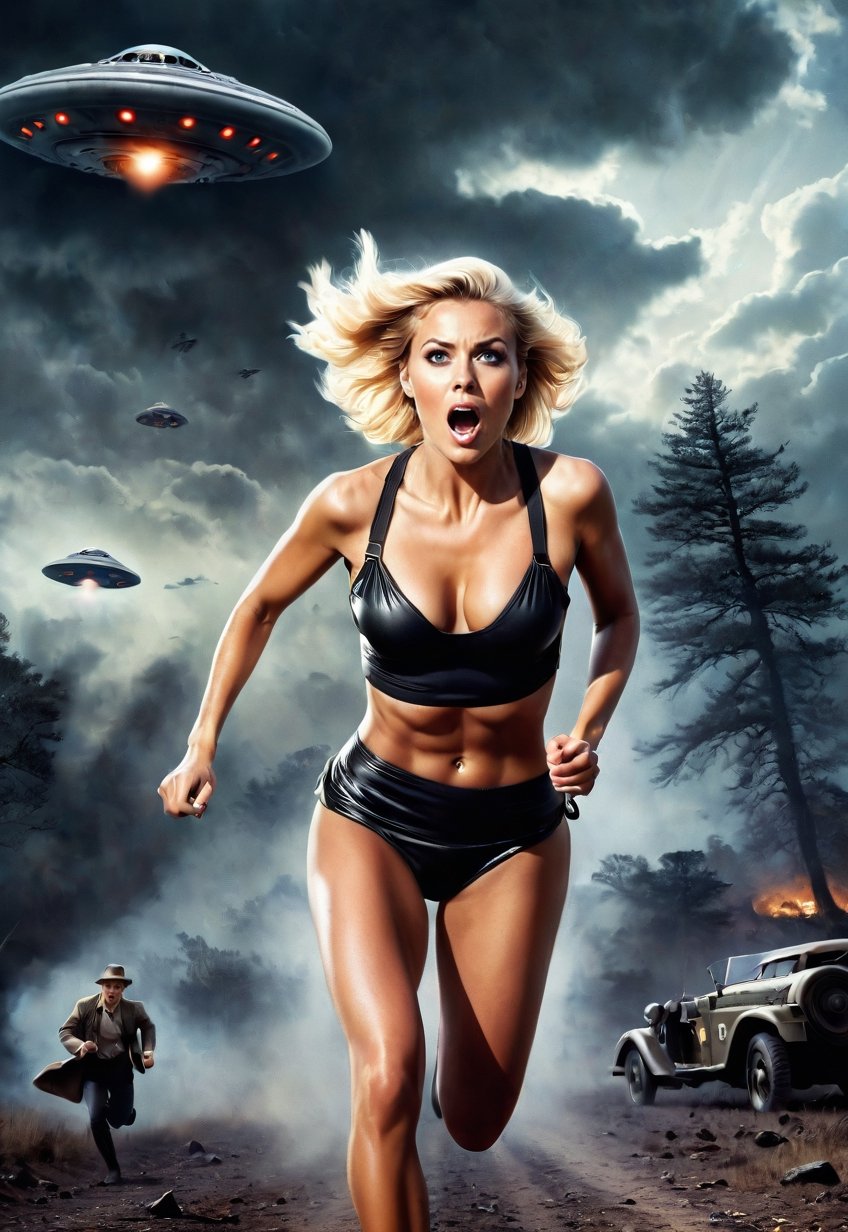 30 year old topless beautiful blonde British female explorer running away from being chased by a UFO,  eyes and mouth wide...