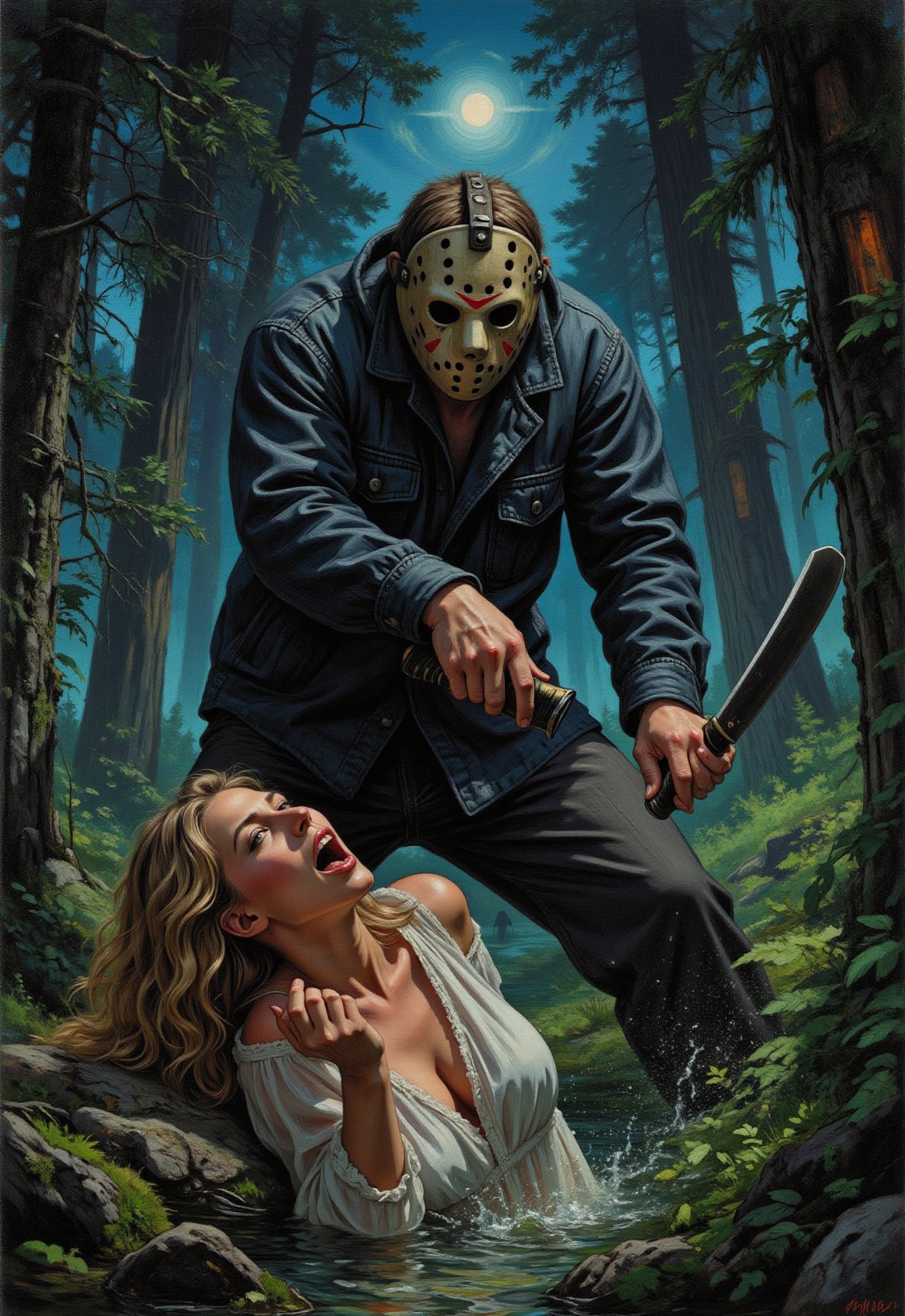 (vintage horror movie),  Friday the 13th,  ((hockey masked killer Jason Voorhees swings his machete at a blonde woman scre...