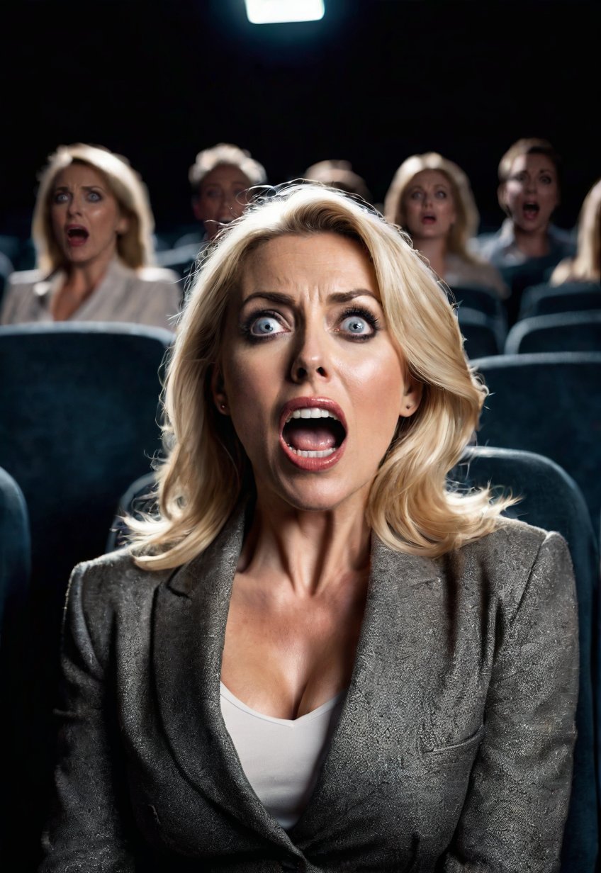 a 50 years old Beautiful blonde British woman sitting in a dimly lit cinema auditorium,  (open big wide eyes and mouth ver...