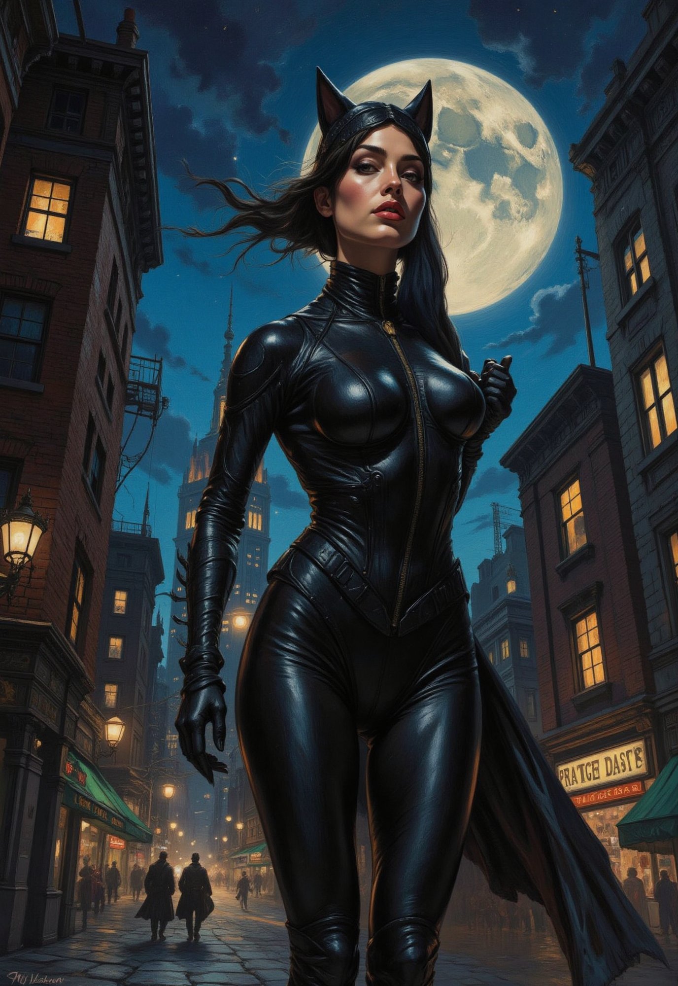 (vintage superhero movie),  ((Catwoman standing in the spooky night sky)),  no mant by Draqulore on Tensor.Art