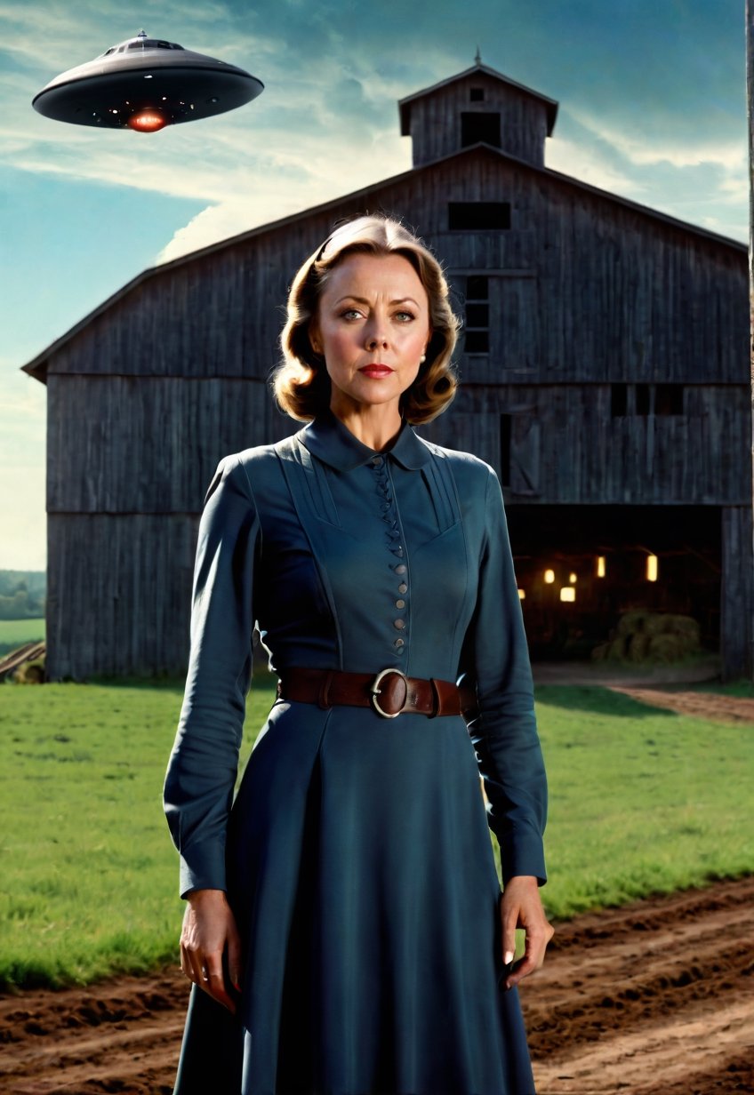 1930s,  a Jenny Agutter stands on a farm site with a creepy barn (in full view of the landscape),  (highly detailed HD) by...