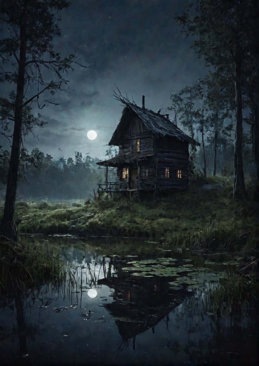 Landscape,  creepy swamp pond in the forest at night,  small hut on the shore by Draqulore on Tensor.Art