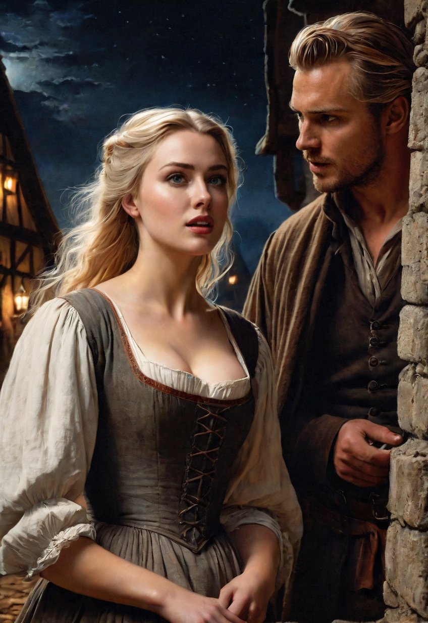 medieval europe,  in a nighttime street,  a beautiful blonde English woman talking a man by Draqulore on Tensor.Art