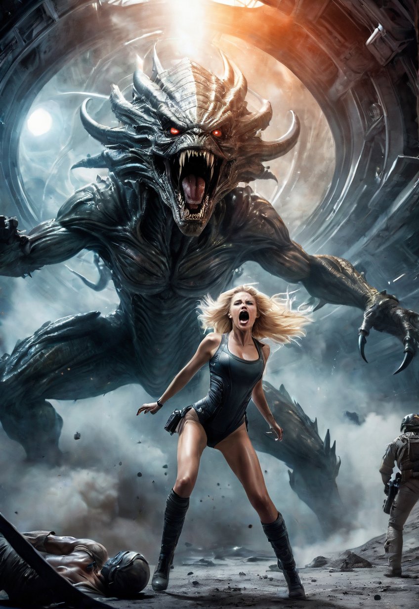 Complex sci-fi horror film,  Beautiful blonde American woman is attacked by creepy alien monster inside a planetary base,...