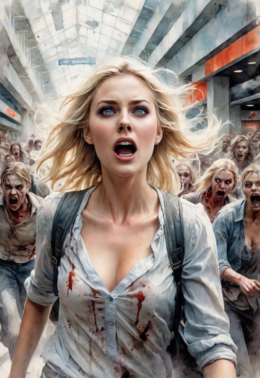 Complex horror movie,  Beautiful blonde j American woman fleeing through an American shopping mall,  (Close up angle) by D...