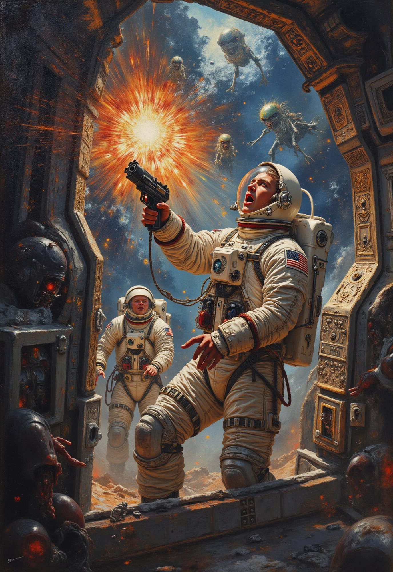 (vintage sci-fi horror film),  ((a male astronaut fights with a ray gun against the evil aliens that have invaded the spac...