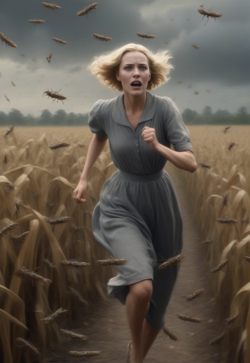 1930s, a lot of many swarm of locusts fly over blonde English woman as she runs away in fear, barefoot, cornfield in spooky grey sky, realistic and detailed, horror movie style, surreal, masterpiece