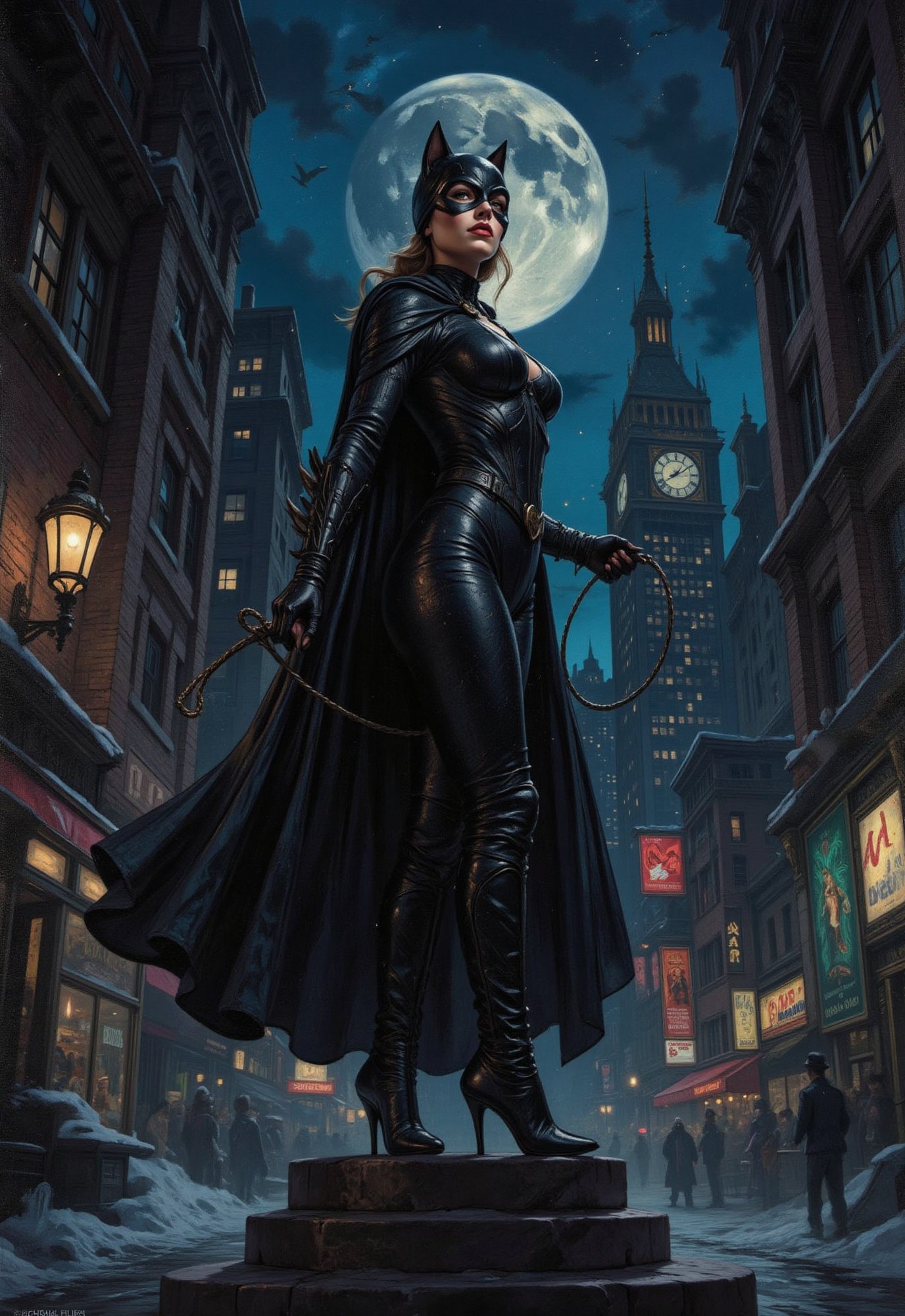 (vintage superhero movie),  ((Catwoman standing in the spooky night sky)),  holding a whip by Draqulore on Tensor.Art