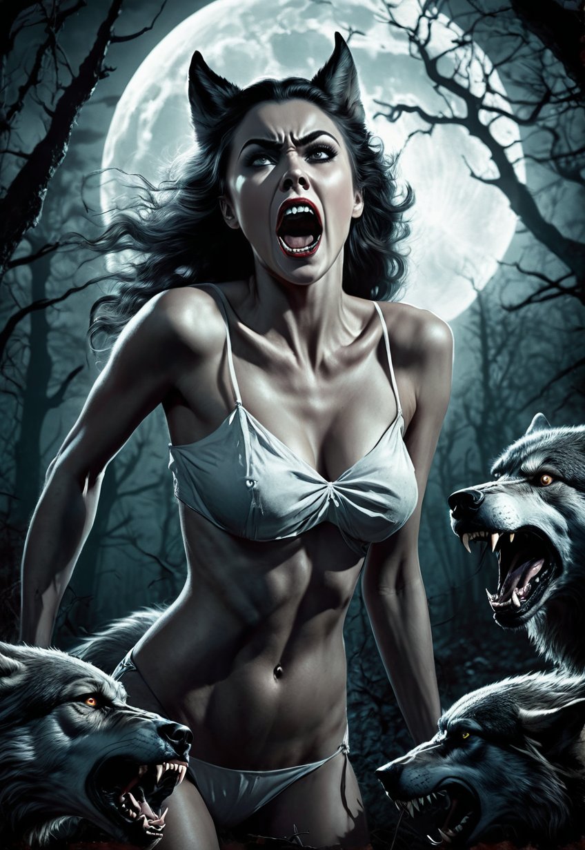 Several ugly werewolves touch and hold the body of a beautiful British woman,  she screams in fear,  dramatic angles and p...