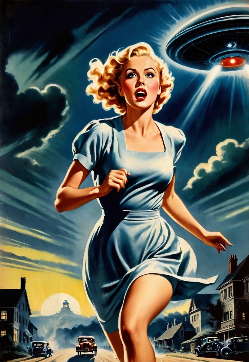 1930s,  30 year old beautiful blonde British woman running away from being chased by a UFO,  eyes and mouth wide open in f...