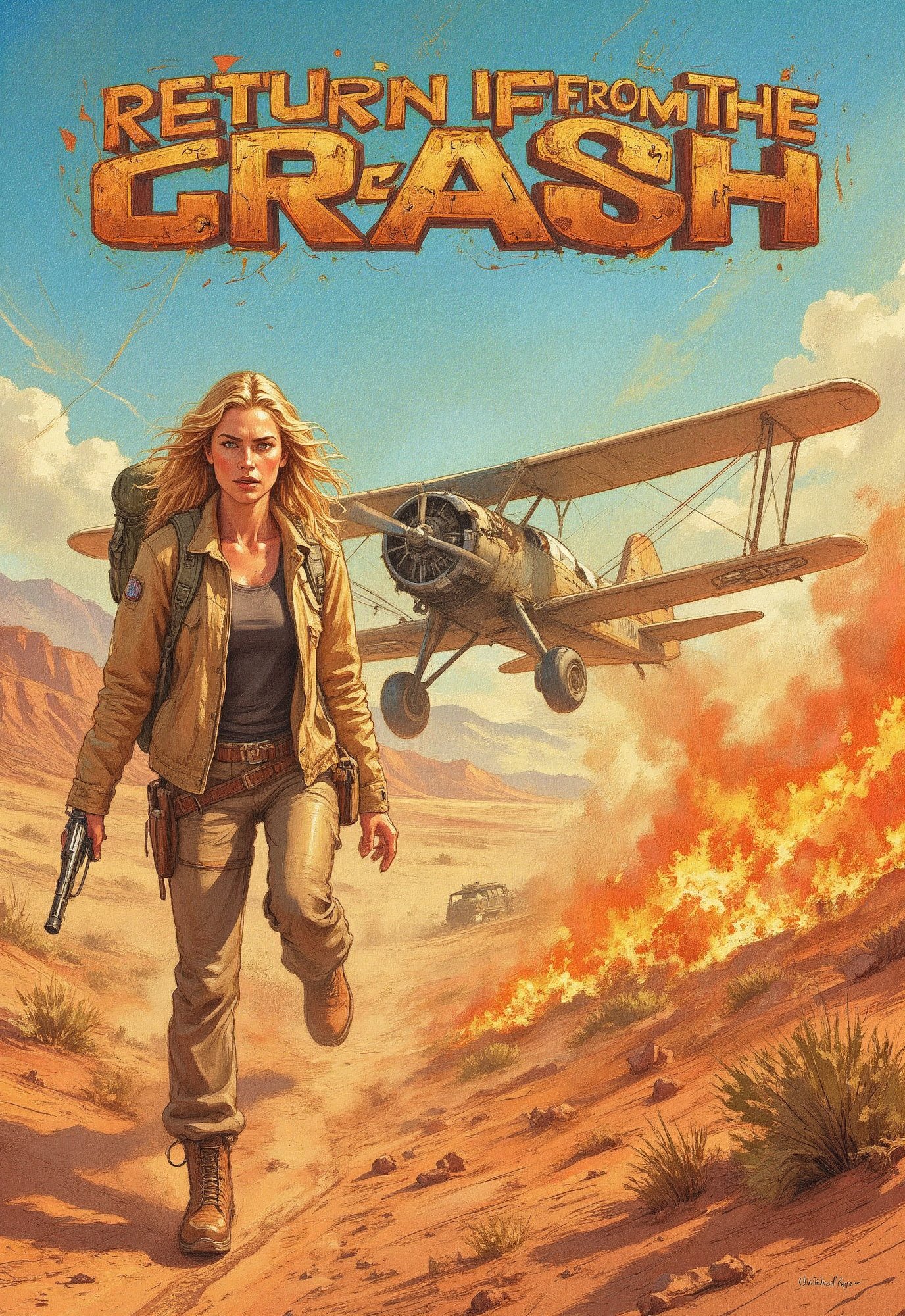 (survival action movie poster), (big title, Return from the crash), (main image, blonde American woman with backpack walking in the desert: 2.0), ((below, a crashed cessna plane bursting into flames in the desert: 2.0)), (realistic style: 2.0), perfect female anatomy, realistic and detailed, action movie, surreal, masterpiece,illustrated