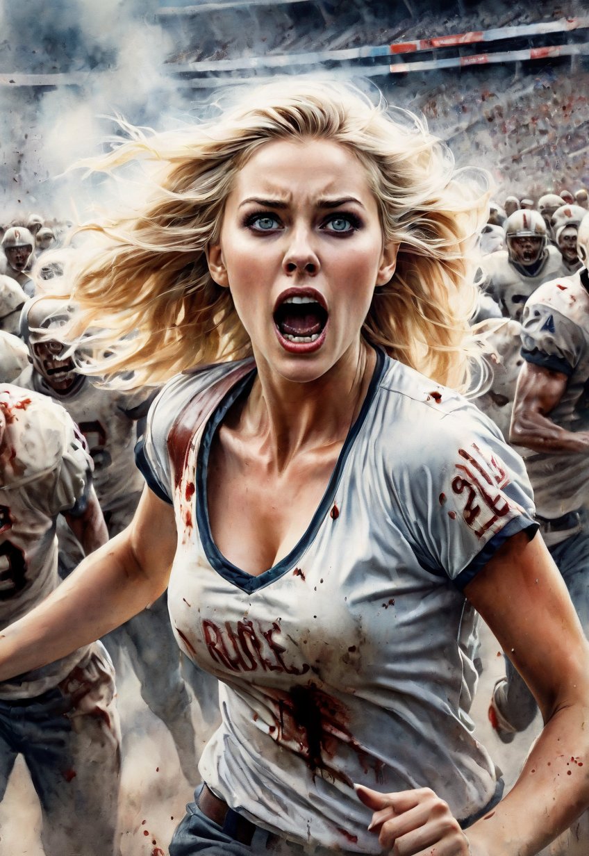 Complex horror movie,  Beautiful blonde j American woman fleeing through an American football stadium,  (Close up angle) b...