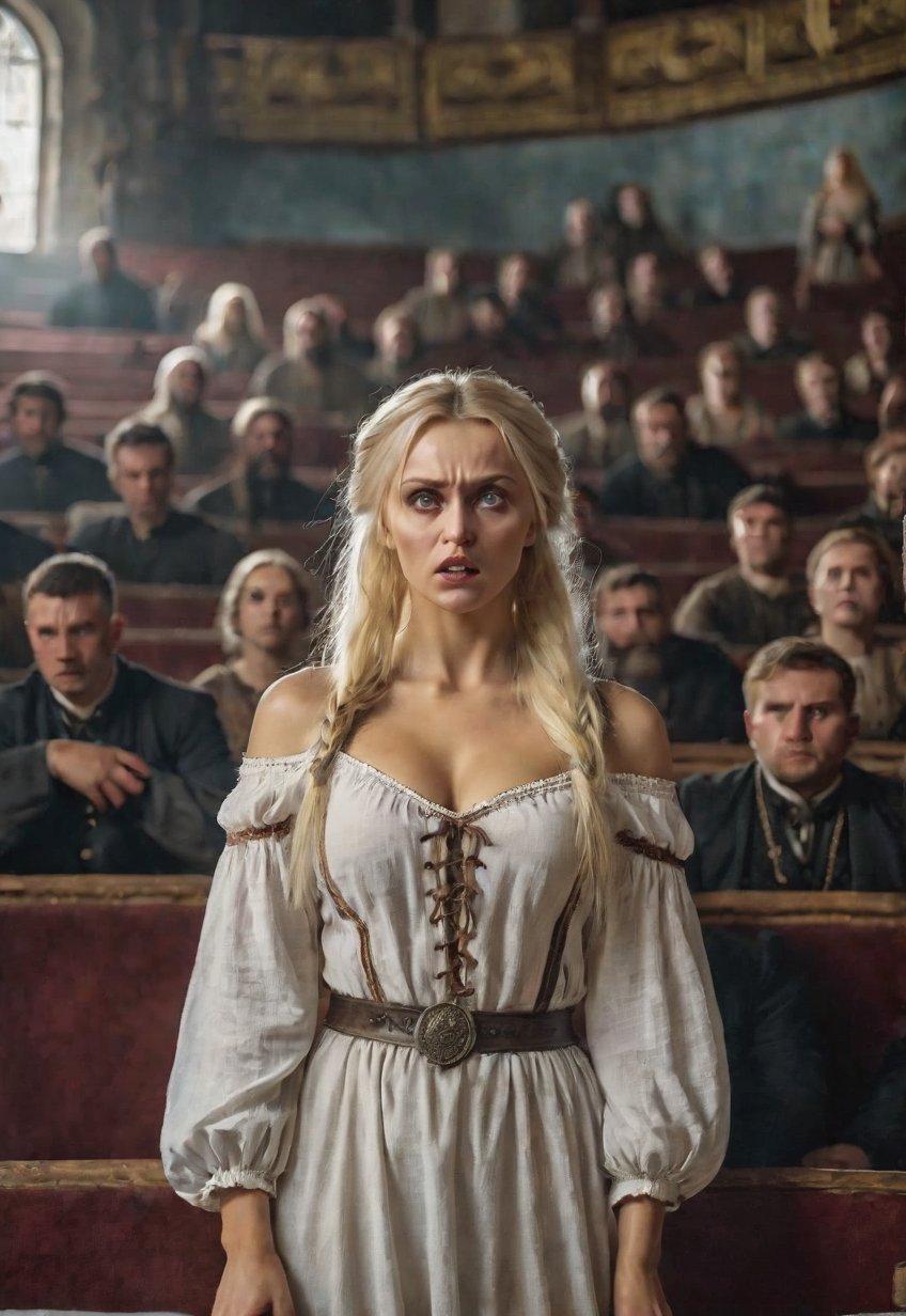 1830s,  blonde Ukrainian woman with creepy townsfolk,  She is terrified by Draqulore on Tensor.Art