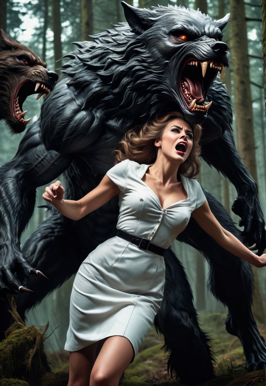 Several ugly werewolves touch and hold the body of a beautiful British woman,  she screams in fear,  dramatic angles and p...