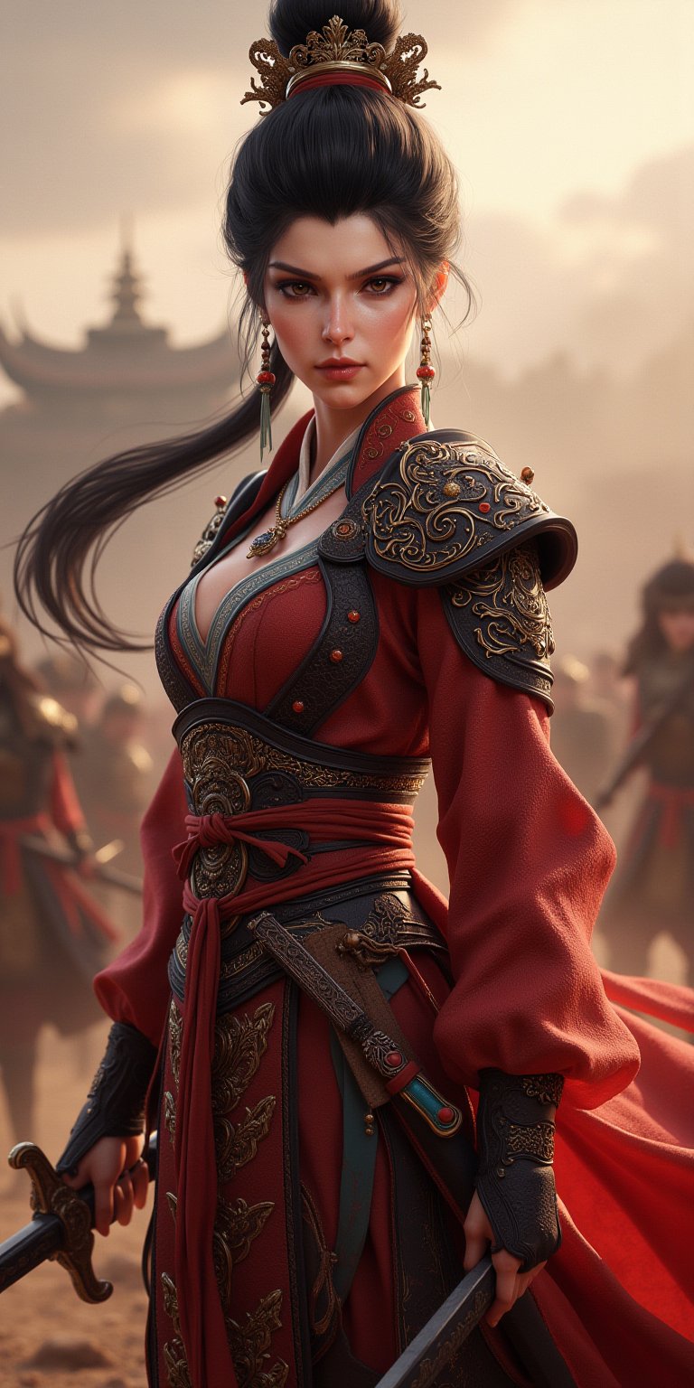 Paint a highly detailed, dramatic image of Diao Chan, the legendary beauty from ancient China's "The Romance of the Three Kingdoms." In the picture, Diao Chan shows not only her elegance and beauty, but also her heroic posture in battle. She is as beautiful as a fairy, with delicate facial features and flawless skin like porcelain. Her long black hair flutters gently in the wind, and her bun is decorated with exquisite hairpins. Diao Chan wears a gorgeous and traditional Chinese battle armor, which is inlaid with exquisite patterns of gold and crimson, which not only highlights her feminine charm, but also reflects her strength and agility on the battlefield. Her eyes are sharp and determined, revealing her inner strength and determination. Diao Chan held a slender sword in her hand. The hilt was inlaid with jade and precious gems. The blade was slightly curved and exquisitely designed, suitable for quick and precise attacks. The background depicts a battlefield. Diao Chan stands in the center of the battlefield, with dust and gravel flying around her. Her posture is confident and majestic, exuding a dynamic and awe-inspiring aura. The overall image perfectly captures Diao Chan's legendary beauty and her prowess on the battlefield, making her a both charming and unignorable heroine in Chinese history. (RAW Photo, Best Quality), (Real, Photo Real: 1.1), Best Quality, Masterpiece, Beauty and Aesthetics, 16K, (HDR: 1.2), High Contrast, (Vivid Colors: 1.3) , (soft colors, dull colors, soothing tones: 1.2), cinematic lighting, ambient light, side lighting, fine details and textures, cinematic lenses, warm colors, (bright and intense: 1.1), wide angle lenses, surreal illustrations, Siena's natural proportions, dynamic posture, precise anatomy of body and hands, four fingers and a thumb,
,(masterpiece:1.3), (8k, photorealistic, RAW photo, best quality: 1.4), (1girl), beautiful face, (realistic face), beautiful hairstyle, realistic eyes, beautiful detailed eyes, (realistic skin), beautiful skin, clean skin, ultra high res, ultra realistic, hightly detailed, golden ratio, K_GIRL,wonder beauty,Wukong