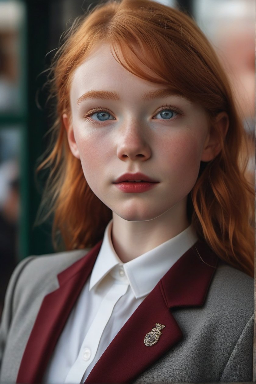 mix of (Sadie Sink:0.6) and (Cate Blanchett:0.8), girl, solo, skinny, (Bustling school), grey skirt, sexy pose, extreme close-up, maroon crop blazer, white shirt, academy uniform