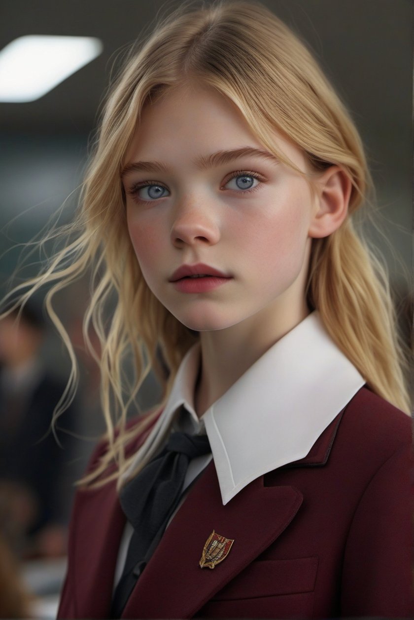 mix of (Cate Blanchett:0.5) (Michelle Pfeiffer:0.5) (January Jones:0.5) (Sadie Sink:0.5) (Cloe Grace Moretz:0.5) (Elle Fanning:0.5), girl, solo, skinny, (Bustling school), grey skirt, sexy pose, extreme close-up, maroon crop blazer, white shirt, academy uniform, detailed eyes, perfect eyes