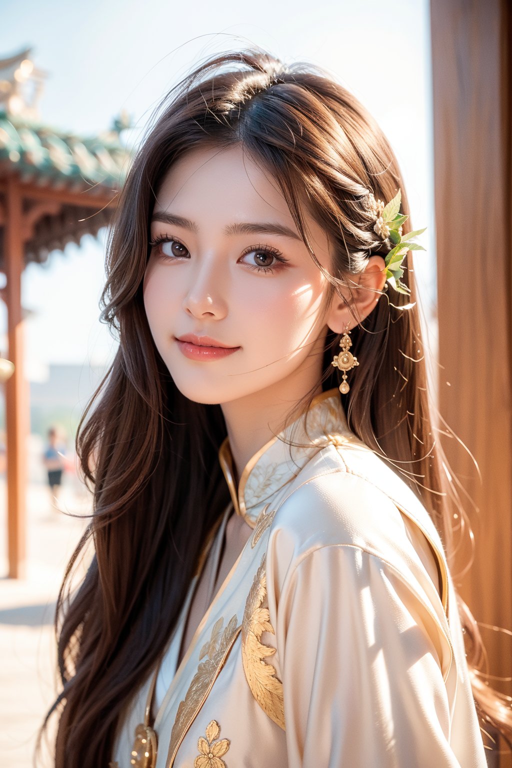 Chinese carved beams and painted buildings, 15 years old, beautiful girl, the Weaver Girl in the mythical story, very long hair, Han Dynasty hairstyle, brown hair, wearing fairy-like light-colored palace clothes, smile, best quality, 32k, realistic, super detailed, Delicate, high resolution, perfect dynamic composition, beautiful detailed eyes, sharp focus, fantastic details, western fashion, realistic, ultra-detailed