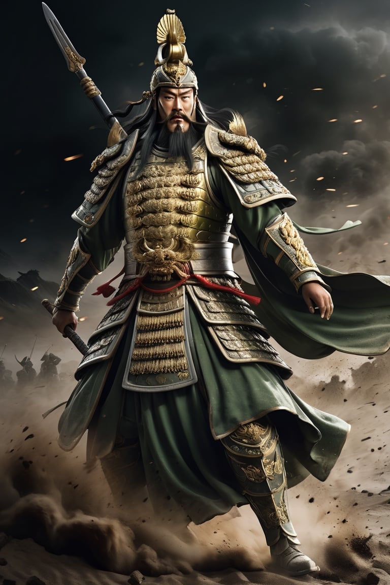 Masterpiece, best quality, stunning, 1 weapon, extremely detailed CG unified 8k wallpaper, Chinese military general Guan Yu, holding a Lance in his right hand, attack pose, standing on a dusty battlefield dark background, 8k,
