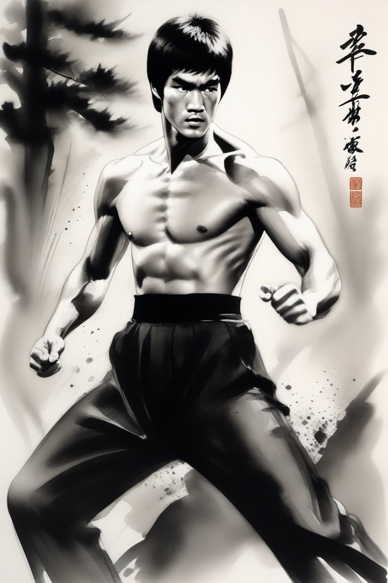 Close-up of  Bruce Lee, angry expression, shirtless, wearing black cloth kung fu pants, black cloth belt, fighting pose, outdoor, Chinese ink painting,  full body, 
