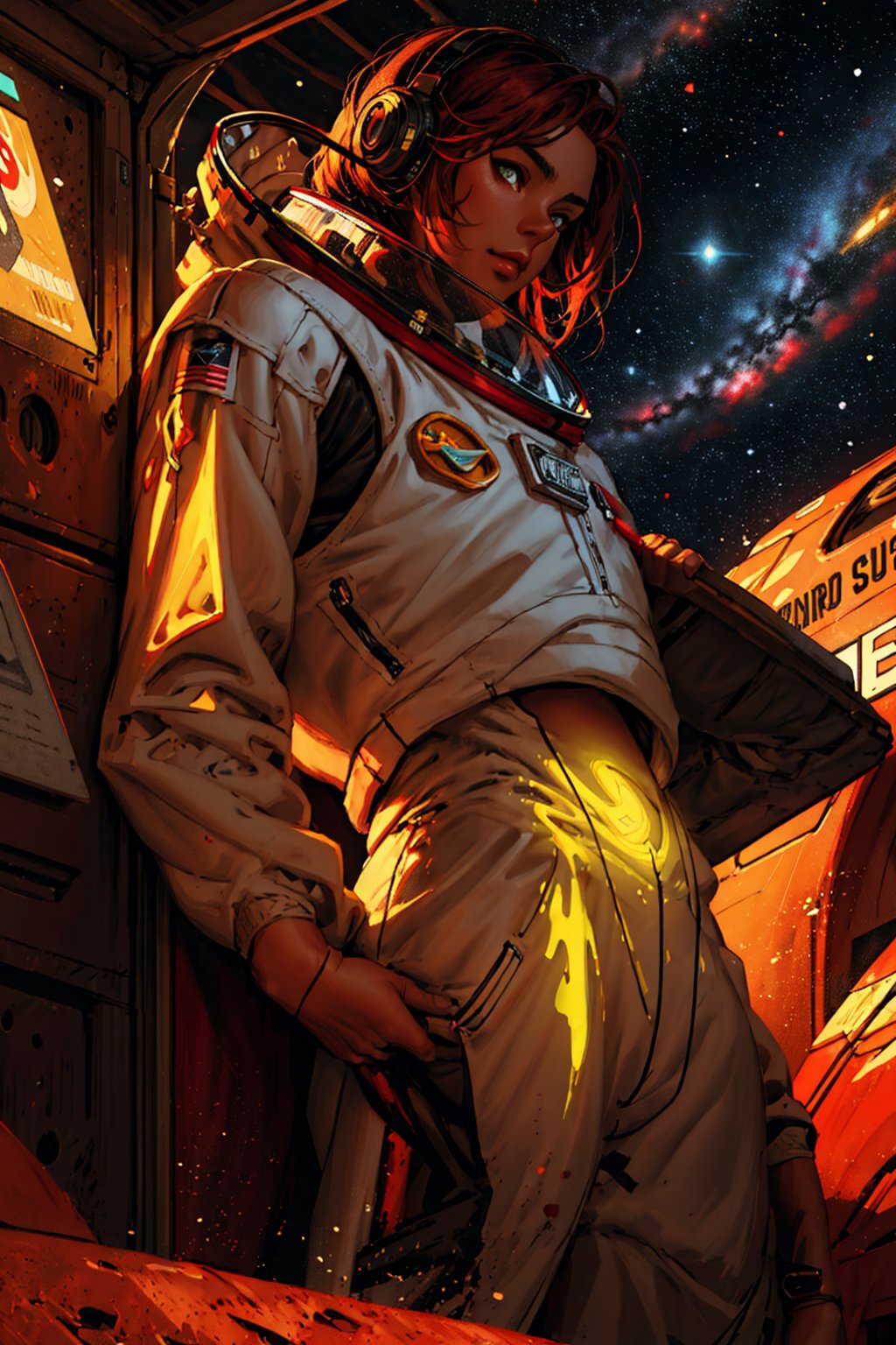 looking at the light in front of a person, in a vibrant fantasy landscape style, red and yellow, energetic illustration, astronaut, desert, poster art, galaxy,perfecteyes