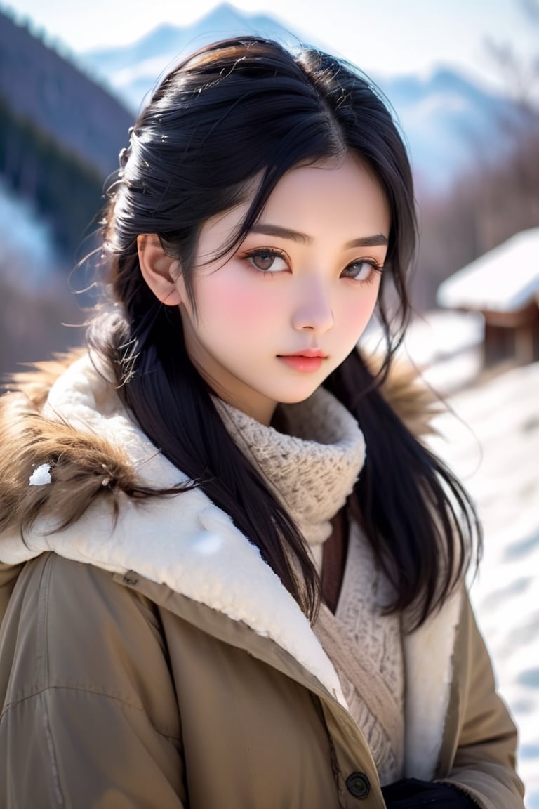 Depth of field, blurring,(Asian:0.1),raw photo,woman,black hair,black eyes,Beautiful detail eyes,chilly nature documentary film photography,snow mountain environment,(natural light:1.2),a clear face,minor acne,(high resolution detail of human skin texture:1.4,rough skin:1.2),(portrait, :1.8),(indirect lighting),(sun),