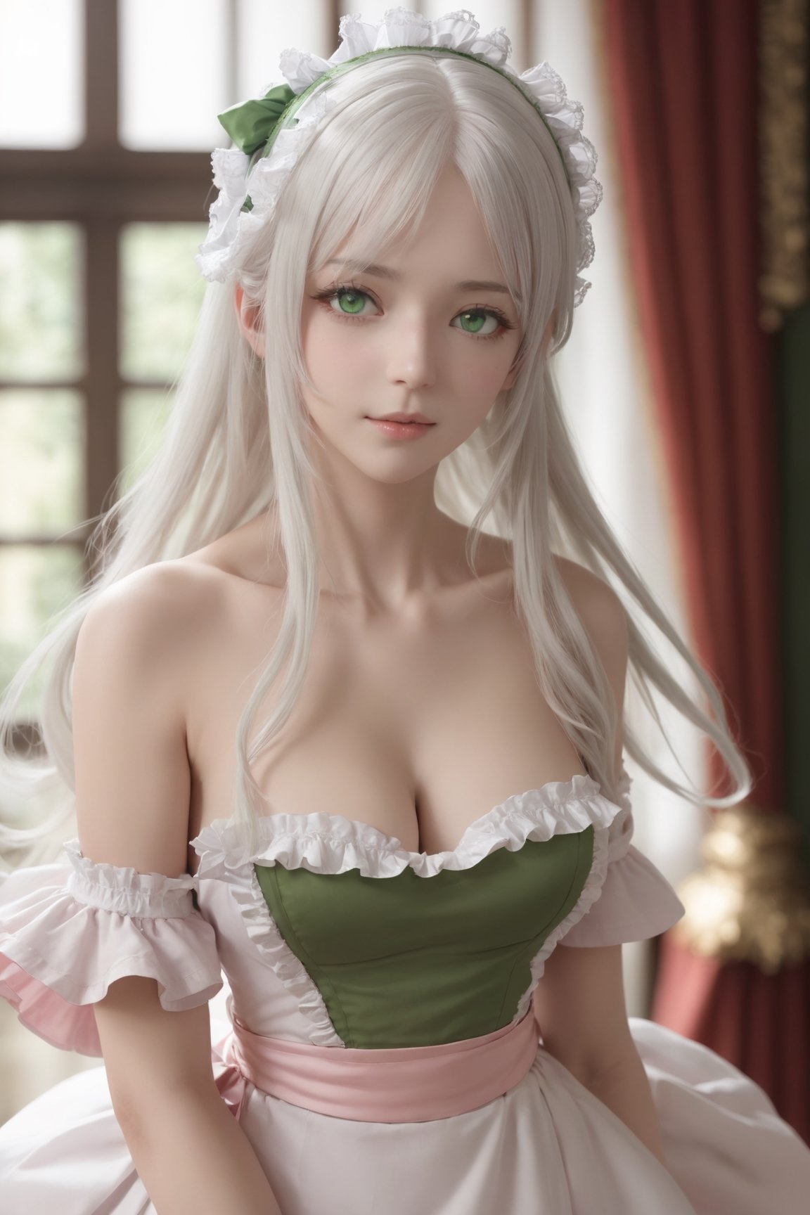 1girl, solo, masterpiece, ultra detailed,, white hair, hair between eyes, green eyes, long hair, medium breasts, maid dress, frills , indoors, palace, medium shot, leaning forward, arms behind back, blush