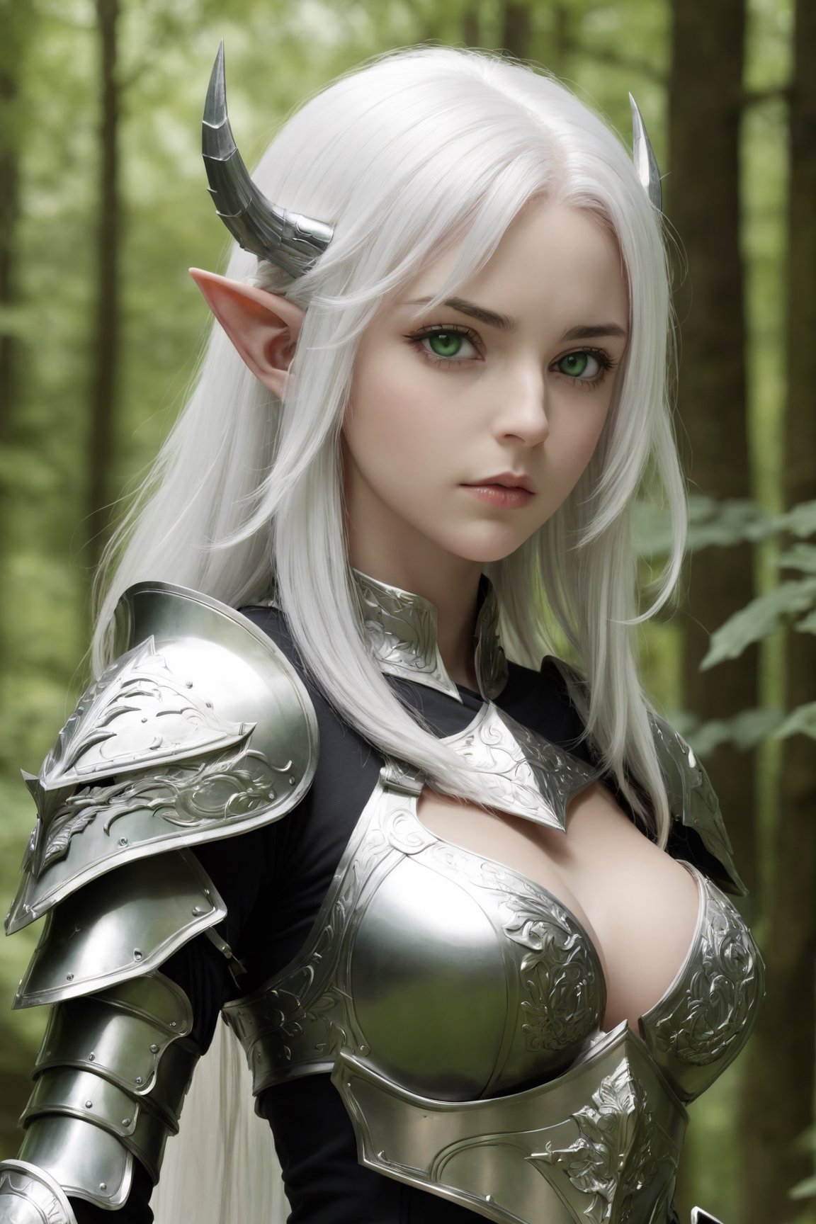 1girl, solo, masterpiece, ultra detailed, scenery, medium shot, standing, forest, outdoors, pointy ears,, white hair, hair between eyes, green eyes, long hair, medium breasts, armor, heavy armor,