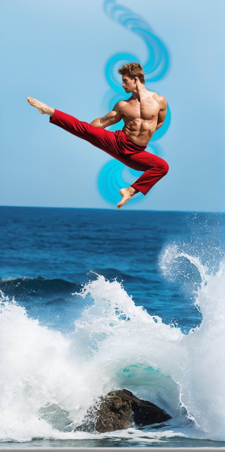 Surreal magnet of a beautiful, young, Russian man with a muscular body, the man is in a karake kick position. The man is on the sea.

The man wears a karate uniform.

(The man emanates a powerful concentration that attracts, there are intricate swirls of the sea behind the man, energy emanates from the man, suggesting the power of the man), Perfect feet, perfect hands.