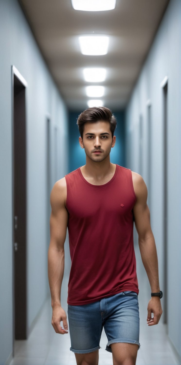 Imagine the following scene: Realistic photo of a beautiful man. He is in a large hallway,  a very long,  dark hallway. Th...