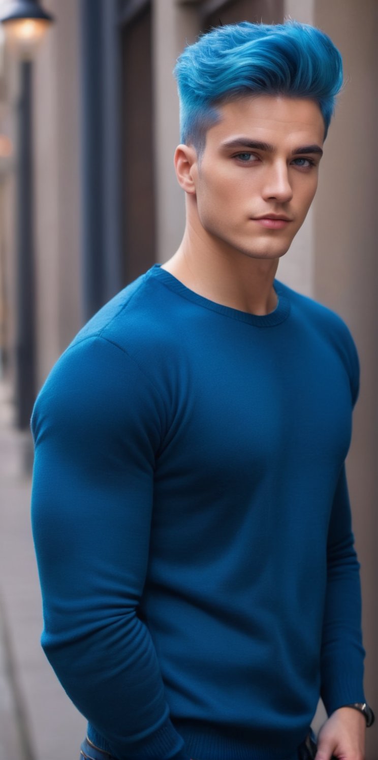 
Imagine the following scene: 

A beautiful man. Half body shot.  

The man is standing, posing in front of the camera. Model posture. 

The man wears jeans, embroidered neon red sweater. Very thick wool sweater.

The man is from England. 20 years old, man, muscles, very light and large blue eyes, short hair, full and pink lips. neon blue hair. 

(photorealistic), masterpiece: 1.5, beautiful lighting, best quality, beautiful lighting, realistic and natural image, intricate details, everything in focus, perfect focus, photography, masterpiece. small nuances, supreme resolution, 32K, ultra-sharp, superior quality details, realistic and complex, perfect proportions, perfect hands, perfect feet.