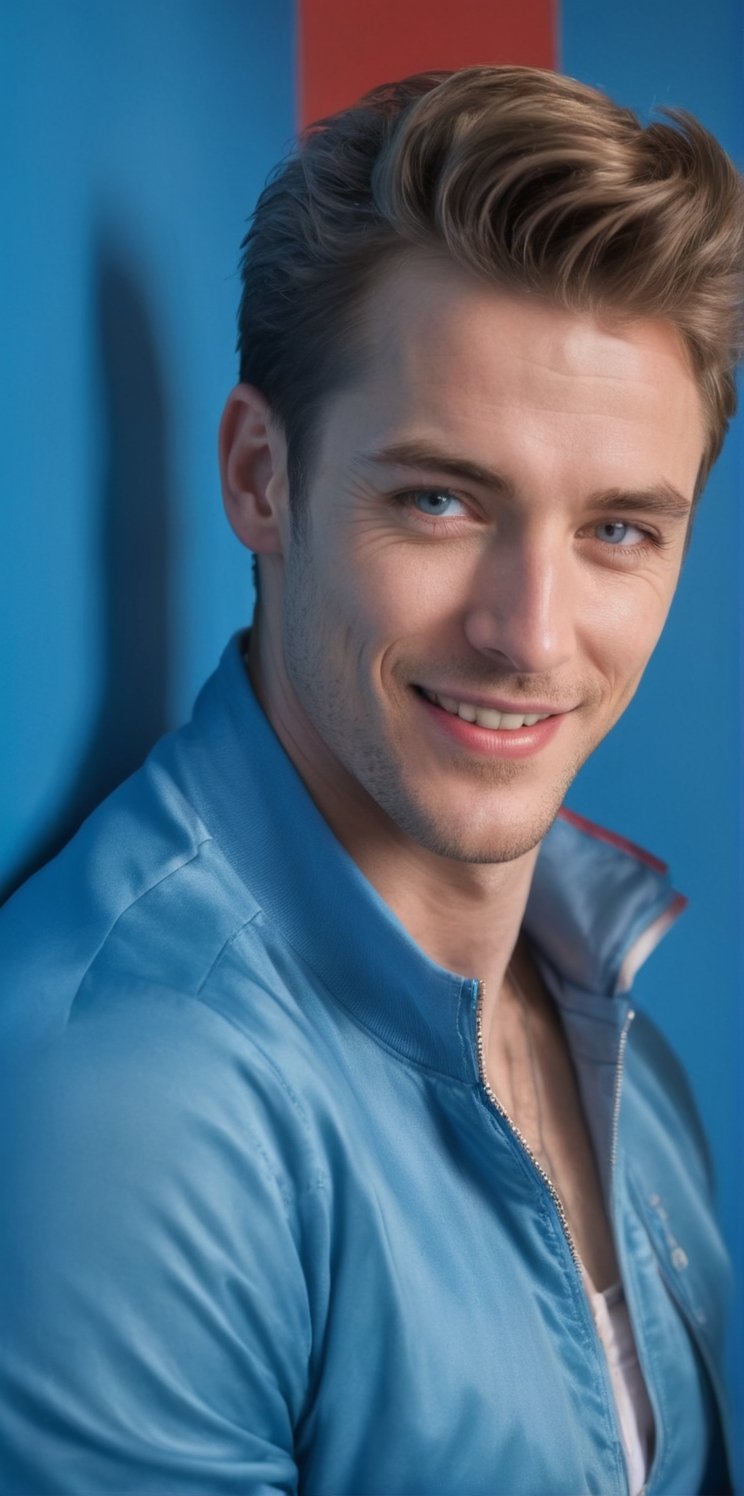 Imagine the following scene. In a sky blue room,  a beautiful man is leaning against the wall. His back leaning against th...