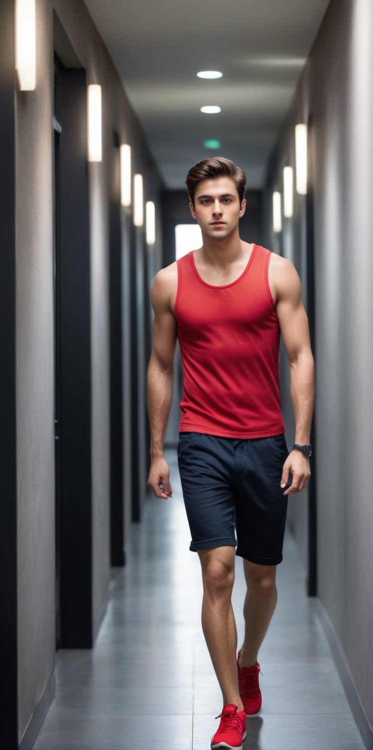 Imagine the following scene: Realistic photo of a beautiful man. He is in a large hallway,  a very long,  dark hallway. Th...