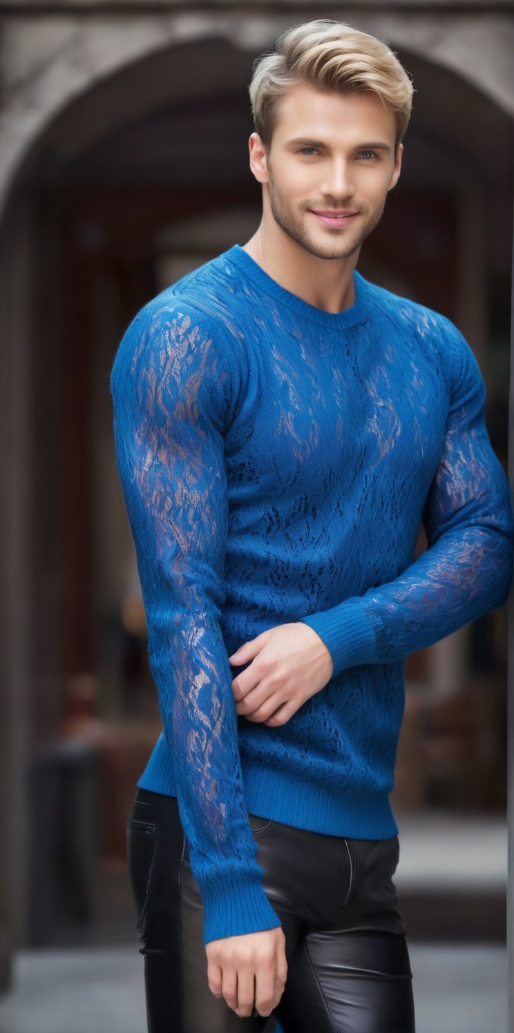 Imagine the following scene: Photograph of a beautiful man. Full body shot. (((Wearing a blue lace sweater))),  shiny blac...