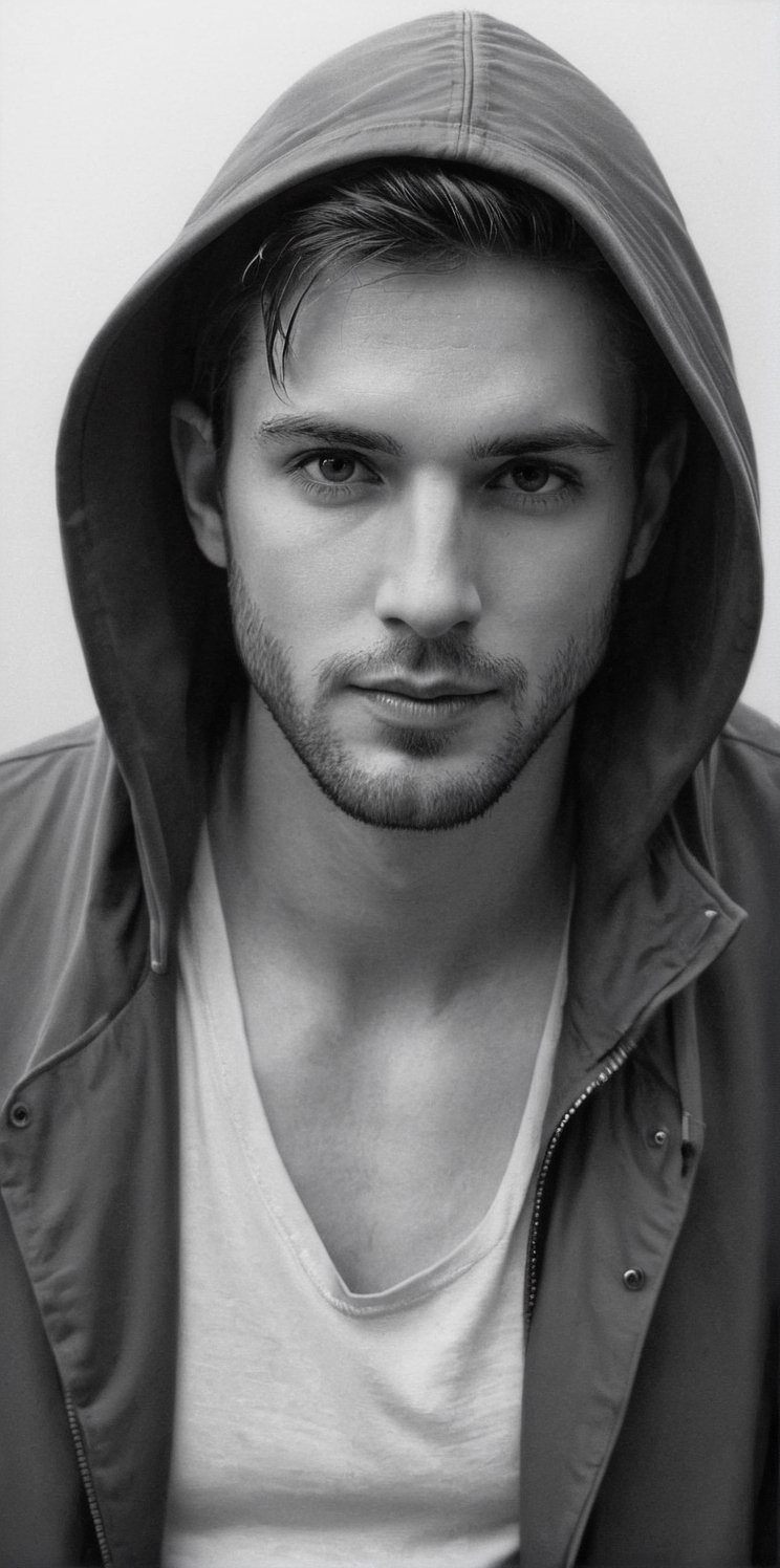 A beautiful man drawn in pencil,  Wearing a hooded jacket. Pencil. by aramismcy on Tensor.Art