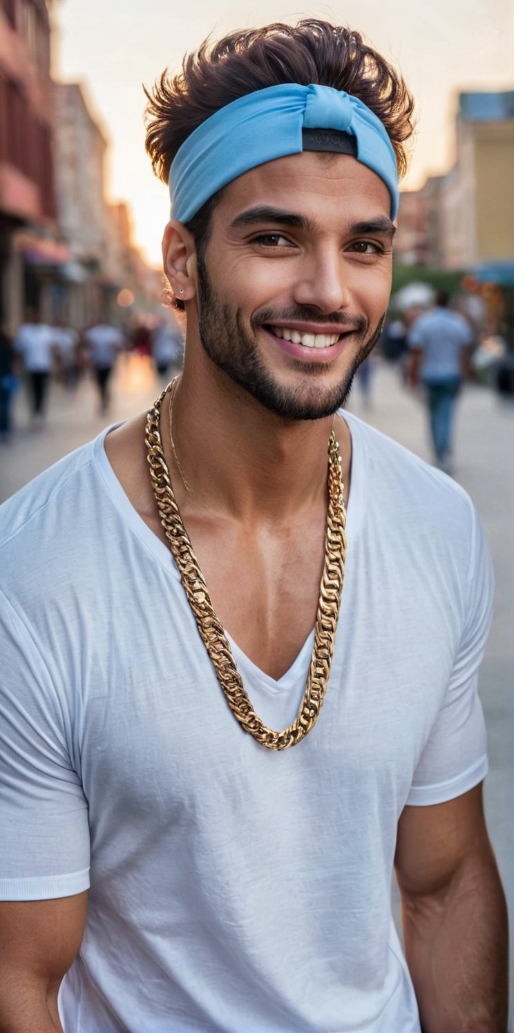 Imagine the following scene. Outdoors on an afternoon,  at dusk. In a very busy square. A handsome man poses to the camera...